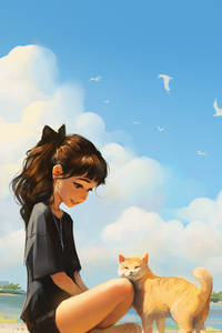 Cat And Anime Girl Enjoying A Sunny Beach Day (640x960) Resolution Wallpaper