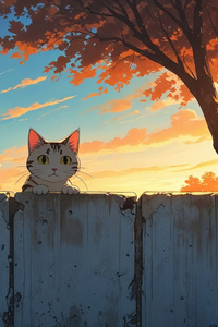 Cat Peeking Over The Wall During A Warm Sunset (240x320) Resolution Wallpaper