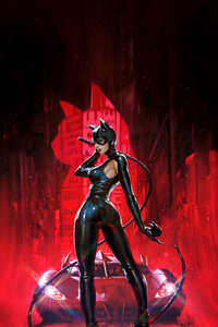 Catwoman Poses With The Batmobile (240x400) Resolution Wallpaper