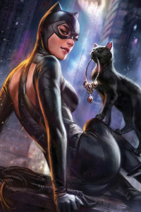 Catwoman With Cat (480x800) Resolution Wallpaper