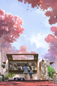 Cherry Blossom Cafe (1440x2560) Resolution Wallpaper