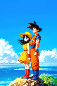 Coastal Calm With Chi Chi And Goku (1080x2160) Resolution Wallpaper