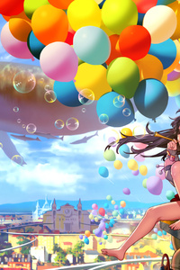 Colorful City Anime Girl Blowing Bubbles (1080x2280) Resolution Wallpaper