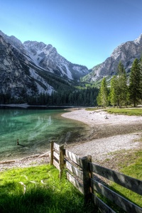 Conifer Fence Lake Landscape Outdoors Nature Photography 5k (1080x2280) Resolution Wallpaper
