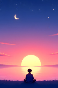 Cosmic Calm Lake Sunset With Moon (2160x3840) Resolution Wallpaper
