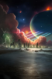 Cosmic Storm Over Alien Metropolis (640x1136) Resolution Wallpaper