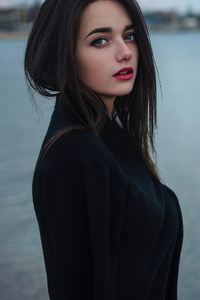 Cute Girl Black Hair Red Lips Outdoor Waterbody 4k (640x1136) Resolution Wallpaper