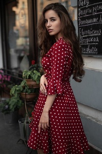 Cute Girl Outdoors In Red Dotted Skirt Dress (320x480) Resolution Wallpaper