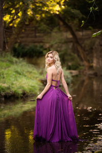Cute Girl Purple Dress Looking Back Outdoor Photography (240x400) Resolution Wallpaper