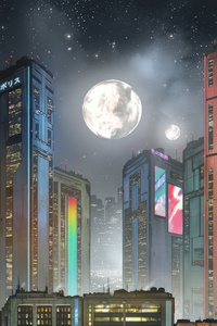 Cyber Cityscape Under A Big Moon (640x1136) Resolution Wallpaper