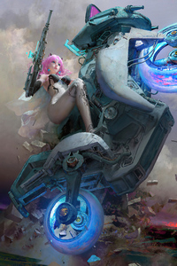 Cyber Girl With Motorbike (320x568) Resolution Wallpaper