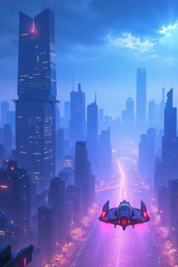 Cyber Jet Floating Over The City (1080x2160) Resolution Wallpaper