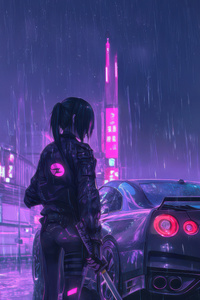 Cyber Samurai With Nissan Gtr (1280x2120) Resolution Wallpaper