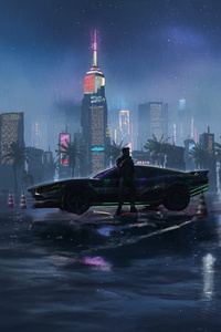 Cyberpunk 2077 Car In Neon City (1242x2668) Resolution Wallpaper