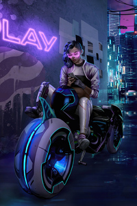 Cyberpunk Bike Girl Texting Phone 4k