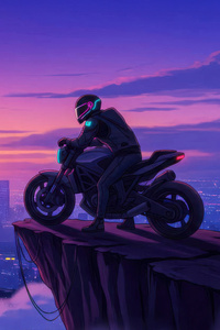 Cyberpunk Rider Above Futuristic City (1280x2120) Resolution Wallpaper