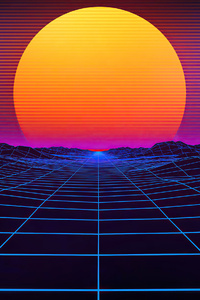 Cyberpunk Sunset Grid Mountains 4k