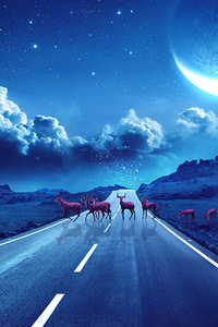 Deer Crossing The Road Magical Night (320x568) Resolution Wallpaper