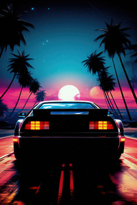 Delorean And Outrun Sunset (640x1136) Resolution Wallpaper