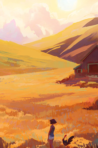 Field Mountains Girl (360x640) Resolution Wallpaper