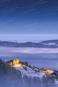 Fog And Starlight A Church In The Valley (640x960) Resolution Wallpaper