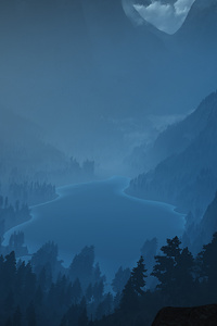 Foggy Lake Minimalism Landscape (1080x1920) Resolution Wallpaper