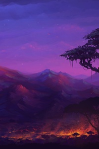 Forest Mountains Colorful Night Trees Fantasy Artwork 5k