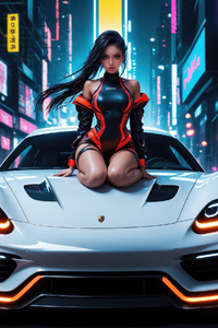Futuristic Girl Cyberpunk Neon Lights Street Sitting On Porsche 4k (1440x2960) Resolution Wallpaper