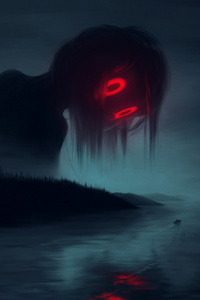 Giant Girl With Big Red Eyes Artwork (1440x2960) Resolution Wallpaper
