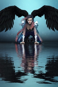 Girl Angel Big Wings Water Reflection 8k