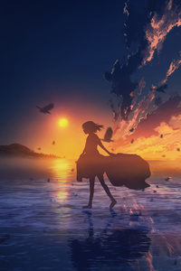 Girl At Horizon While Sunset (240x400) Resolution Wallpaper