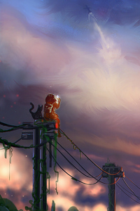 Girl Cat Sitting On Power Line Using Phone 4k (1080x2280) Resolution Wallpaper