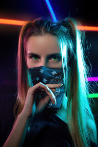 Girl Cloth Mask Glowing Green Eyes (1080x2160) Resolution Wallpaper