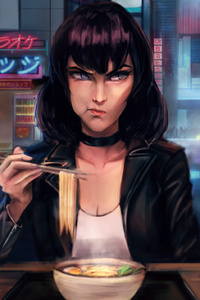 Girl Eating Noodles Moody (320x568) Resolution Wallpaper