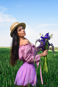 Girl Field Hat With Flowers Bokeh (640x1136) Resolution Wallpaper