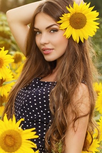 Girl Field Sunflowers 4k (1125x2436) Resolution Wallpaper