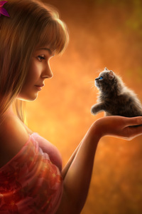 Girl Holding Small Cat In Hand Artwork