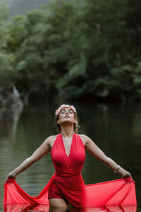 Girl In Red Dress Beauty By The Lake (1080x2160) Resolution Wallpaper