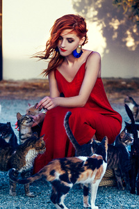 Girl In Red Dress Playing With Cats 4k (640x1136) Resolution Wallpaper