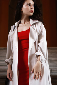 Girl Long Coat Red Dress (1080x2160) Resolution Wallpaper