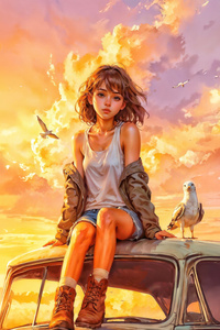Girl On Vintage Car Roof (640x1136) Resolution Wallpaper
