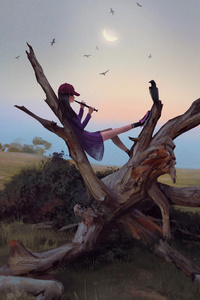 Girl Playing Flute On Raven Tree (1080x1920) Resolution Wallpaper