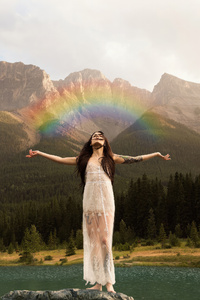 Girl Rainbow Into The Nature 4k (480x854) Resolution Wallpaper