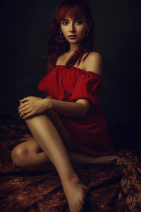Girl Red Dress Cross Legs 5k (640x960) Resolution Wallpaper