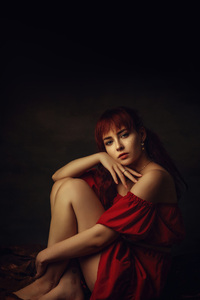 Girl Red Dress Sitting 5k (640x960) Resolution Wallpaper
