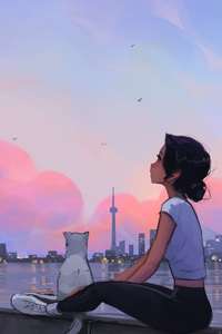 Girl Sitting Chillin With Cat (360x640) Resolution Wallpaper