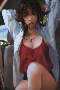 Girl Sitting In Car Beach (640x960) Resolution Wallpaper