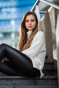 Girl Sitting On Stairs Looking At Viewer 4k (540x960) Resolution Wallpaper