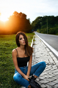 Girl Sitting Road Side (750x1334) Resolution Wallpaper