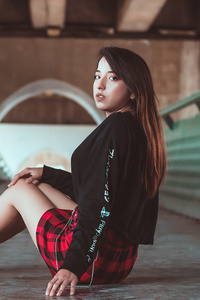 Girl Skirt Outfit Sitting Looking Back 4k (480x854) Resolution Wallpaper